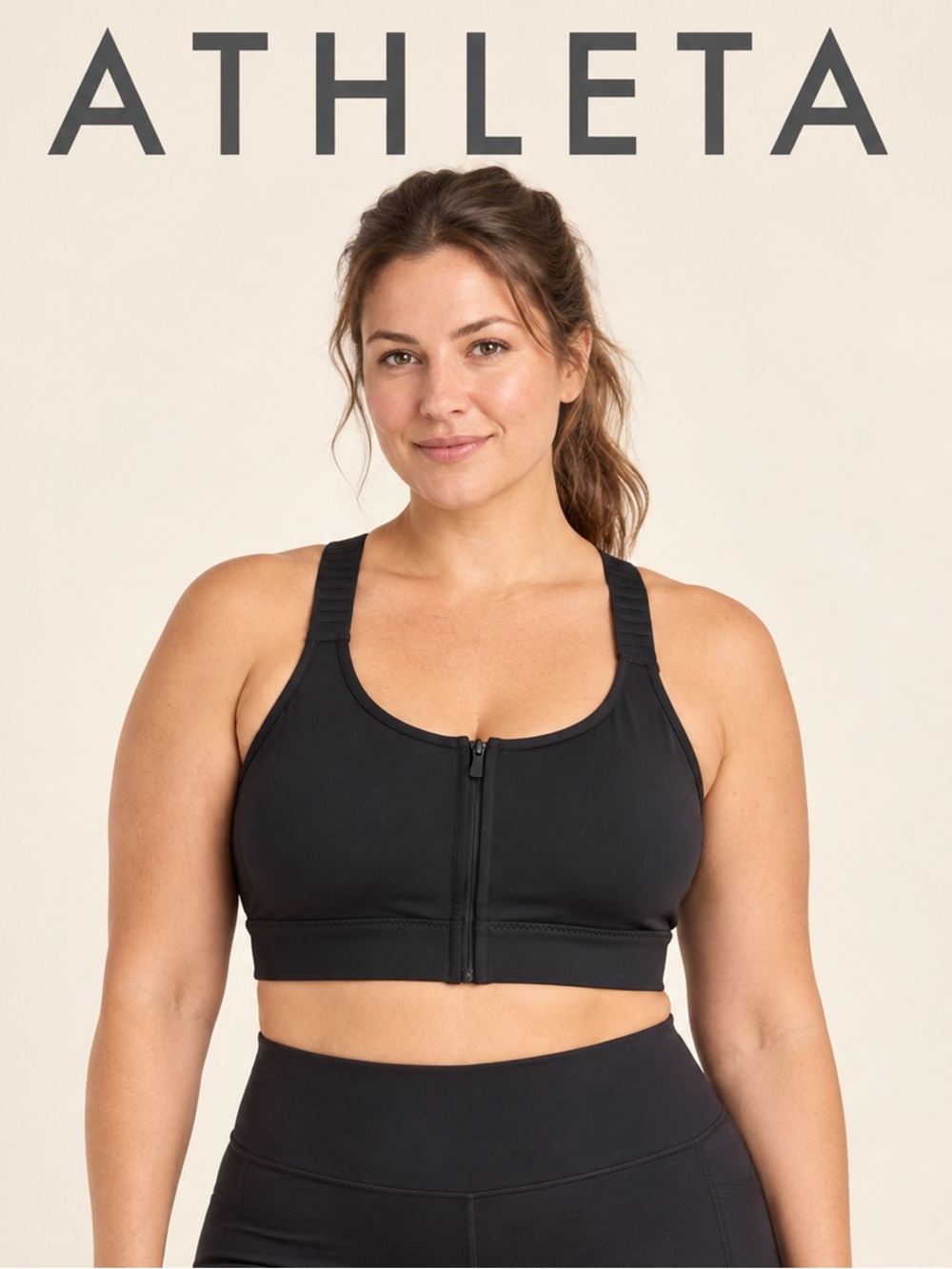 EUC Athleta Front Zip Stealth Bra High Support Black Sports Bra Top Size XL